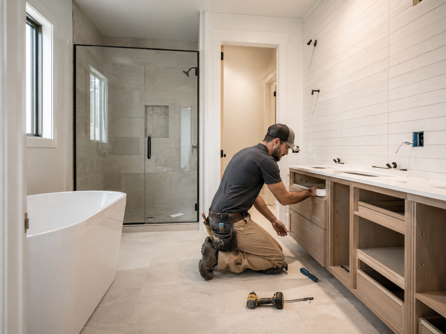 Bathroom renovation with worker in action