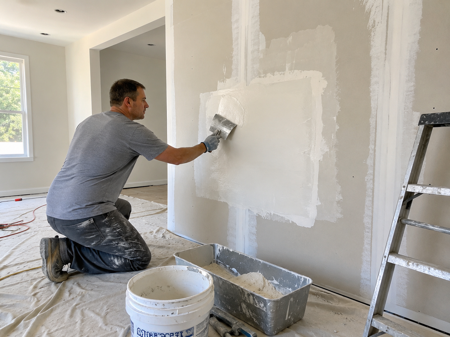 Interior renovation in progress with wall repair preparation
